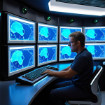 A futuristic smart aquaculture control center. A large, sleek room with multiple glowing data screens displaying complex real-time analytics of ocean conditions (temperature, salinity, oxygen levels, pH), shellfish health, and growth metrics. An "ocean engineer" figure, professional and focused, is seated at a console, interacting with a holographic interface showing AI algorithms and data streams. The atmosphere is high-tech, precise, and efficient, emphasizing the blend of human expertise and advanced technology managing a vast marine farm. Clean lines, soft ambient lighting, high resolution, ultra-detailed.