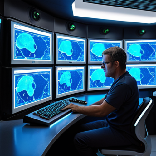 Home 4 A futuristic smart aquaculture control center. A large, sleek room with multiple glowing data screens displaying complex real-time analytics of ocean conditions (temperature, salinity, oxygen levels, pH), shellfish health, and growth metrics. An "ocean engineer" figure, professional and focused, is seated at a console, interacting with a holographic interface showing AI algorithms and data streams. The atmosphere is high-tech, precise, and efficient, emphasizing the blend of human expertise and advanced technology managing a vast marine farm. Clean lines, soft ambient lighting, high resolution, ultra-detailed.