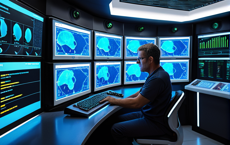 A futuristic smart aquaculture control center. A large, sleek room with multiple glowing data screens displaying complex real-time analytics of ocean conditions (temperature, salinity, oxygen levels, pH), shellfish health, and growth metrics. An "ocean engineer" figure, professional and focused, is seated at a console, interacting with a holographic interface showing AI algorithms and data streams. The atmosphere is high-tech, precise, and efficient, emphasizing the blend of human expertise and advanced technology managing a vast marine farm. Clean lines, soft ambient lighting, high resolution, ultra-detailed.