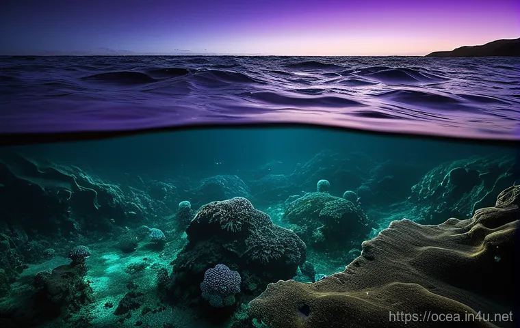 심해 미생물과 생태적 기능 - A mesmerizing, wide-angle shot of a vast, dark deep-sea trench, illuminated by scattered points of e...