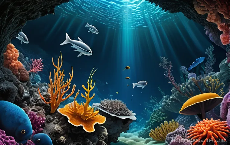 심해 미생물과 생태적 기능 - A mesmerizing, wide-angle shot of a vast, dark deep-sea trench, illuminated by scattered points of e...