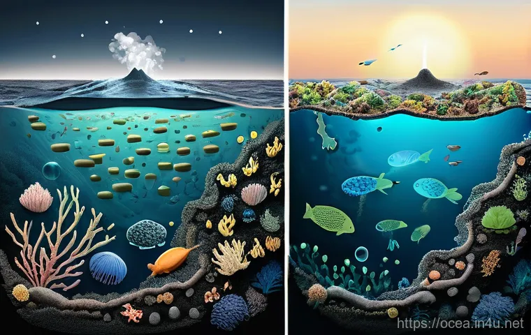 심해 미생물과 생태적 기능 - A vibrant and dynamic illustration depicting a deep-sea hydrothermal vent ecosystem. Focus on toweri...