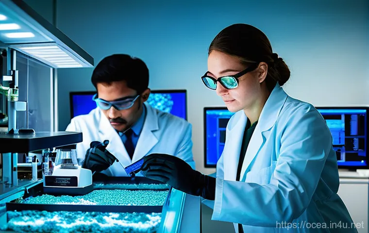 유전자 조작을 통한 해양생물 보전 - **Image Prompt 1: Marine Genetic Research for Biodiversity Preservation**
A bright, ultra-modern...